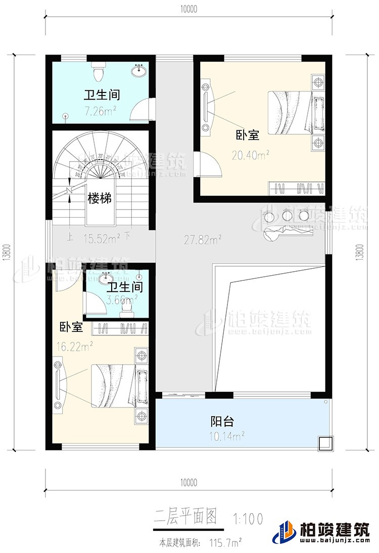 二層：2臥室，內(nèi)衛(wèi)，公衛(wèi)，樓梯，陽(yáng)臺(tái)