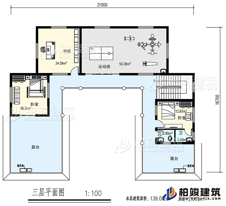 三層：書房，運動房，2臥室，2衛(wèi)生間，露臺