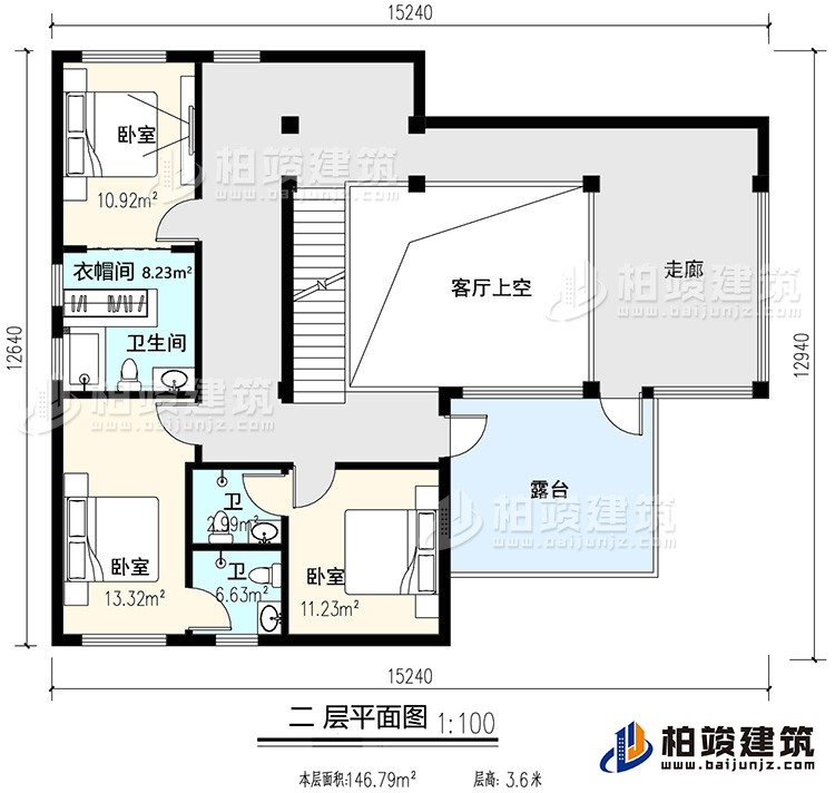 二層：3臥室，內(nèi)衛(wèi)，公衛(wèi)，起居室，樓梯，陽(yáng)臺(tái)，露臺(tái)，書(shū)房