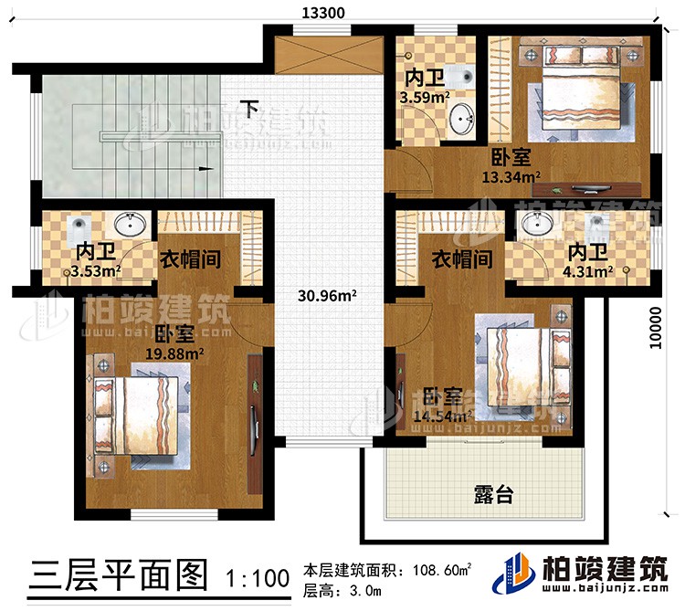 三層：3臥室、2衣帽間、3內(nèi)衛(wèi)、露臺(tái)