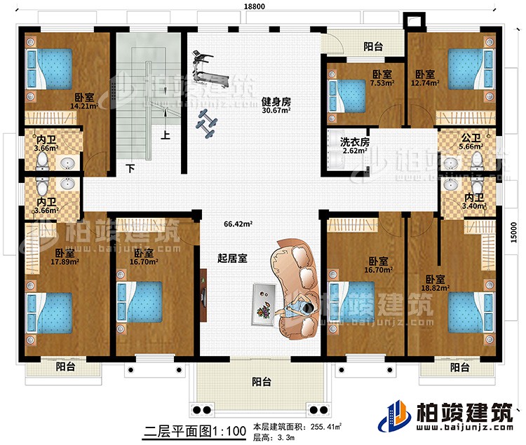 二層：7臥室、起居室、健身房、3內衛(wèi)、公衛(wèi)、洗衣房、4陽臺