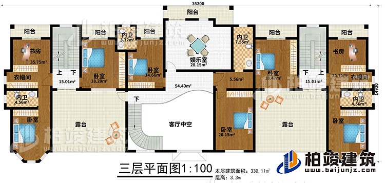 三層：6臥室、2衣帽間、2書房、4內(nèi)衛(wèi)、娛樂室、6陽臺、2露臺、客廳中空