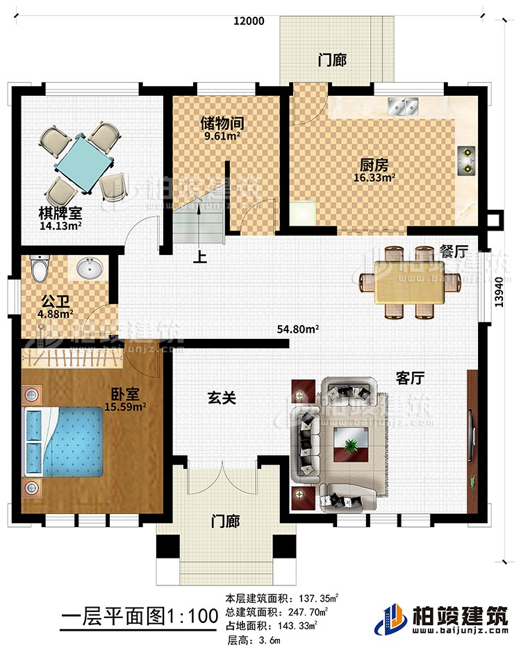 一層：2門廊、玄關(guān)、客廳、餐廳、廚房、儲物間、棋牌室、公衛(wèi)、臥室