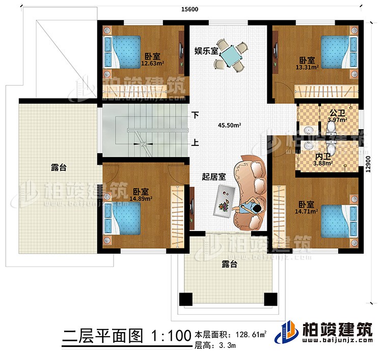 二層：4臥室，內(nèi)衛(wèi)，公衛(wèi)，起居室，樓梯，棋牌室，2露臺