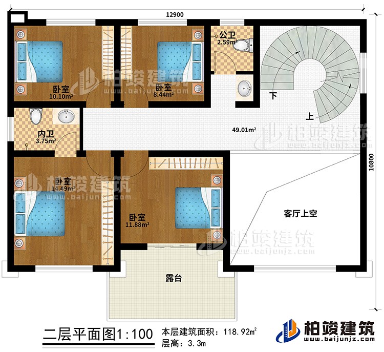 二層：4臥室、公衛(wèi)、內(nèi)衛(wèi)、客廳上空、露臺(tái)