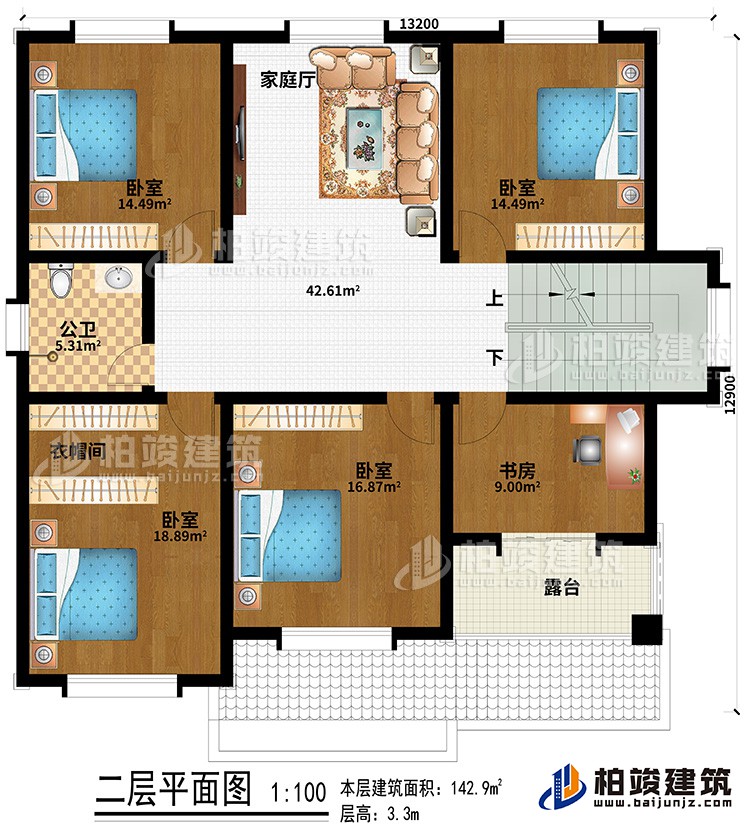 二層：4臥室、公衛(wèi)、衣帽間、書房、露臺(tái)、家庭廳