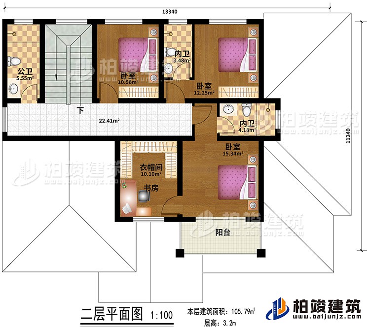 二層：3臥室，3衛(wèi)，客廳，陽(yáng)臺(tái)，衣帽間/書(shū)房