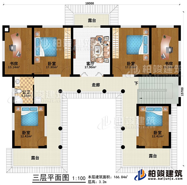 三層：走廊、3臥室、2書(shū)房、客廳、3露臺(tái)、公衛(wèi)