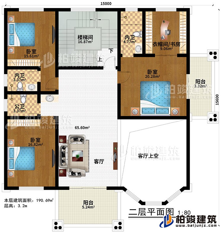 二層：客廳、樓梯間、客廳上空、3臥室、2內(nèi)衛(wèi)、公衛(wèi)、衣帽間/書房、2陽臺