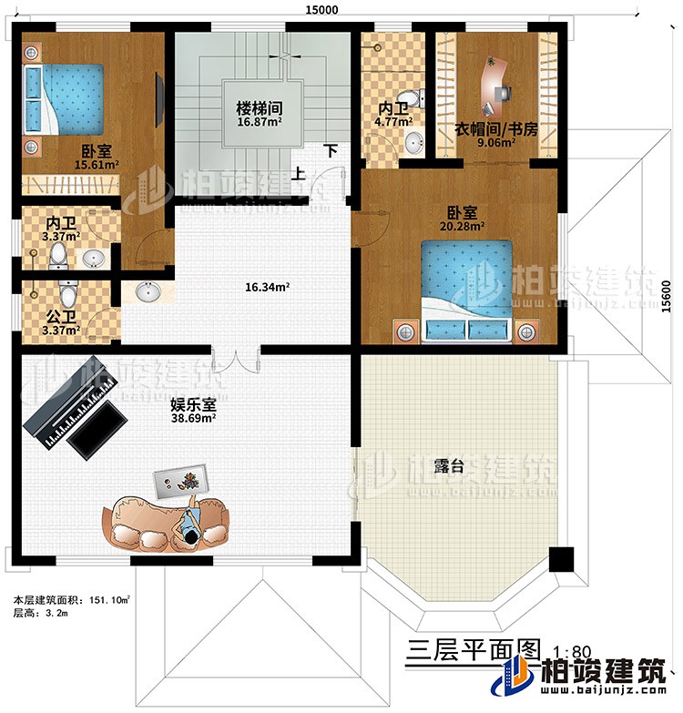 三層：樓梯間、娛樂室、2臥室、衣帽間/書房、2內(nèi)衛(wèi)、公衛(wèi)、露臺