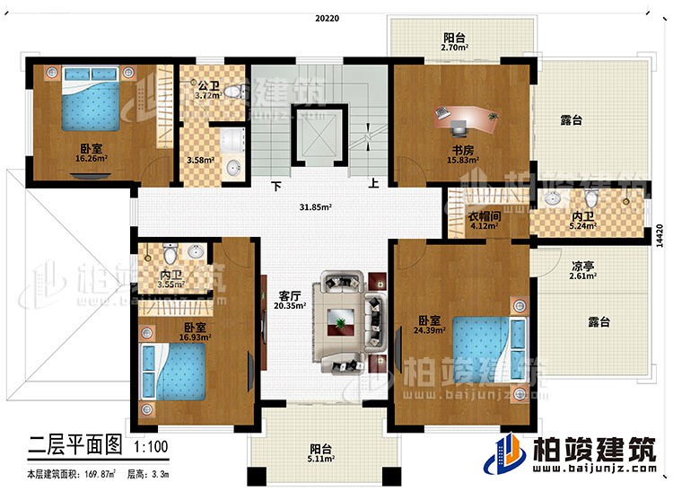 二層：3臥室、衣帽間、2內(nèi)衛(wèi)、公衛(wèi)、客廳、書房、衣帽間、2陽臺、2露臺、涼亭