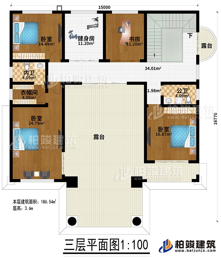 三層：3臥室、健身房、衣帽間、內(nèi)衛(wèi)、公衛(wèi)、健身房、書房、2露臺