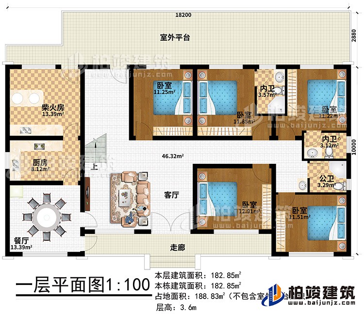 一層：走廊、客廳、餐廳、廚房、柴火房、室外平臺(tái)、5臥室、2內(nèi)衛(wèi)、公衛(wèi)