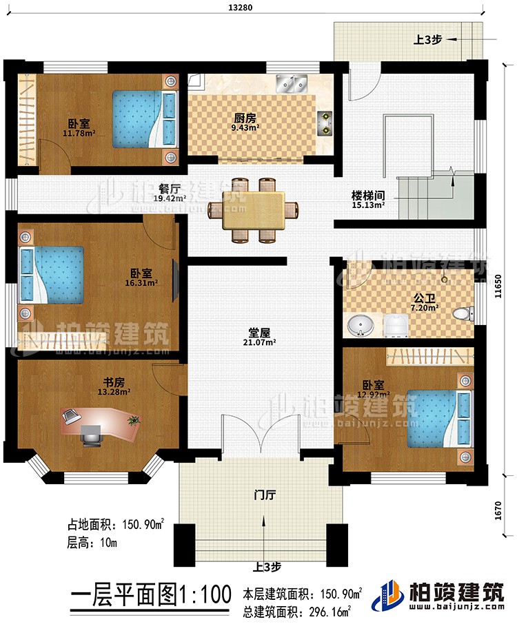 一層：門廳、堂屋、餐廳、廚房、樓梯間、3臥室、書房、公衛(wèi)