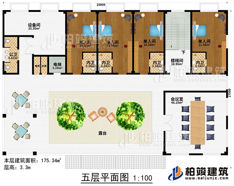 五層：樓梯間、過道、電梯、水井、電井、4單人間、4內(nèi)衛(wèi)、公衛(wèi)、露臺、會議