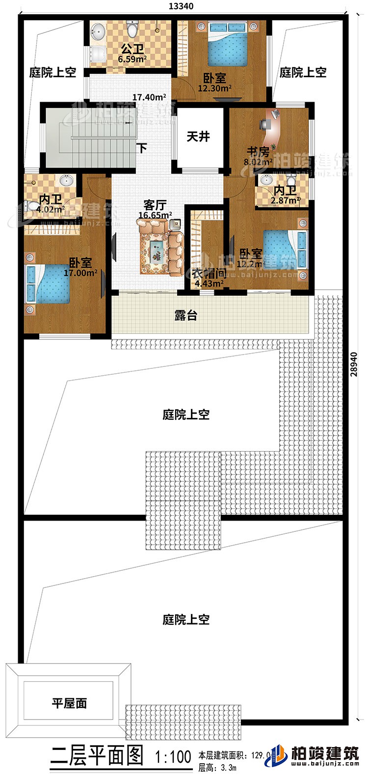 二層：平屋面、4庭院上空、3臥室、客廳、天井、衣帽間、書(shū)房、公衛(wèi)、2內(nèi)衛(wèi)