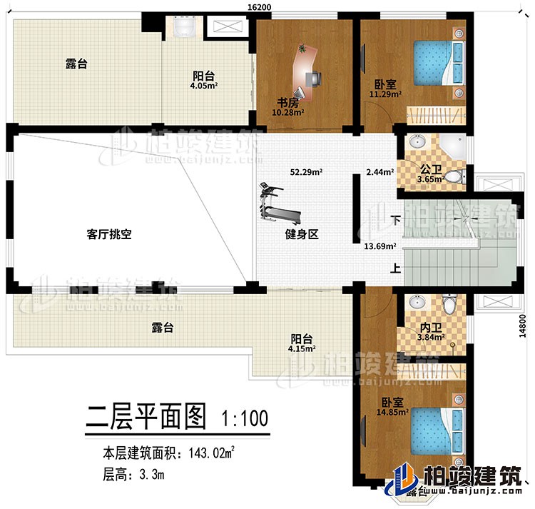 二層：健身區(qū)、客廳挑空、書房、2臥室、公衛(wèi)、內(nèi)衛(wèi)、2陽臺(tái)、3露臺(tái)