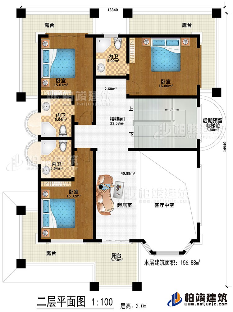 二層：起居室、客廳中空、樓梯間、3臥室、3內(nèi)衛(wèi)、陽臺、3露臺、后期預(yù)留電梯位