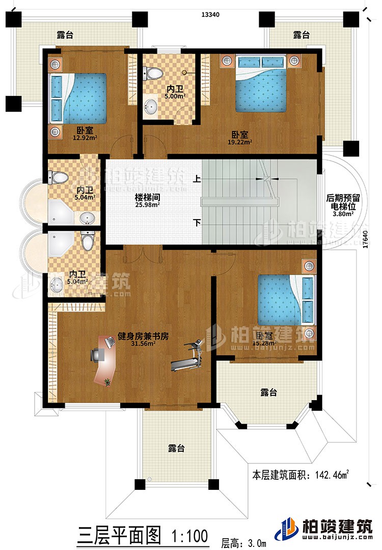 三層：樓梯間、健身房兼書房、3臥室、3內(nèi)衛(wèi)、后期預(yù)留電梯位、4露臺