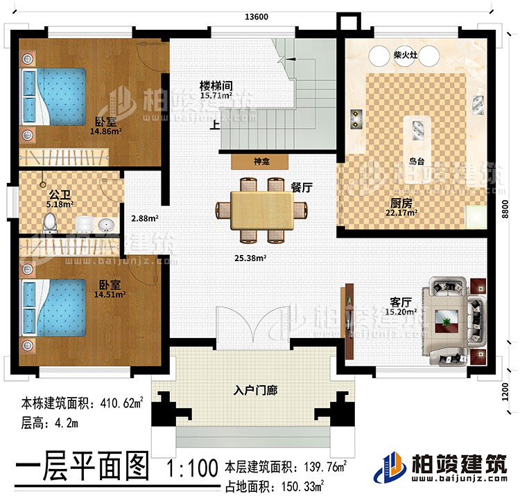 一層：入戶門廊、客廳、餐廳、廚房、神龕、島臺(tái)、柴火灶、樓梯間、公衛(wèi)、2臥室