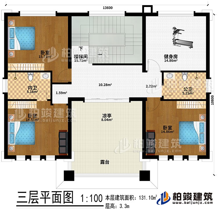 三層：樓梯間、健身房、3臥室、公衛(wèi)、內(nèi)衛(wèi)、涼亭、露臺(tái)