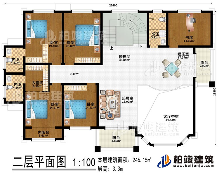 二層：起居室、樓梯間、娛樂室、客廳中空、4臥室、書房、衣帽間、2內(nèi)衛(wèi)、公衛(wèi)、2陽臺(tái)、內(nèi)陽臺(tái)