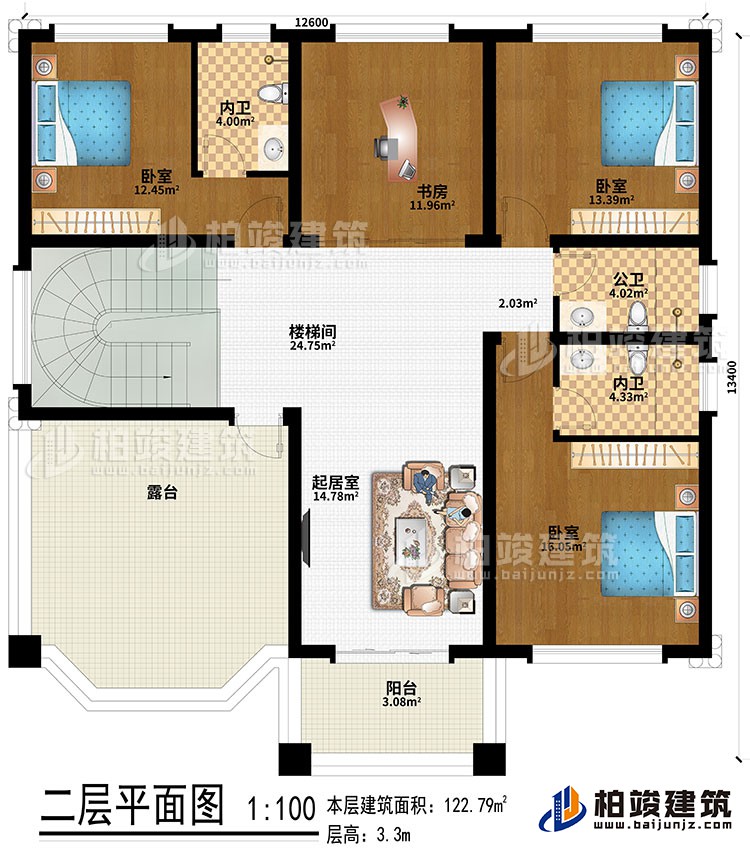 二層：樓梯間、起居室、3臥室、書房、2內(nèi)衛(wèi)、公衛(wèi)、露臺、陽臺