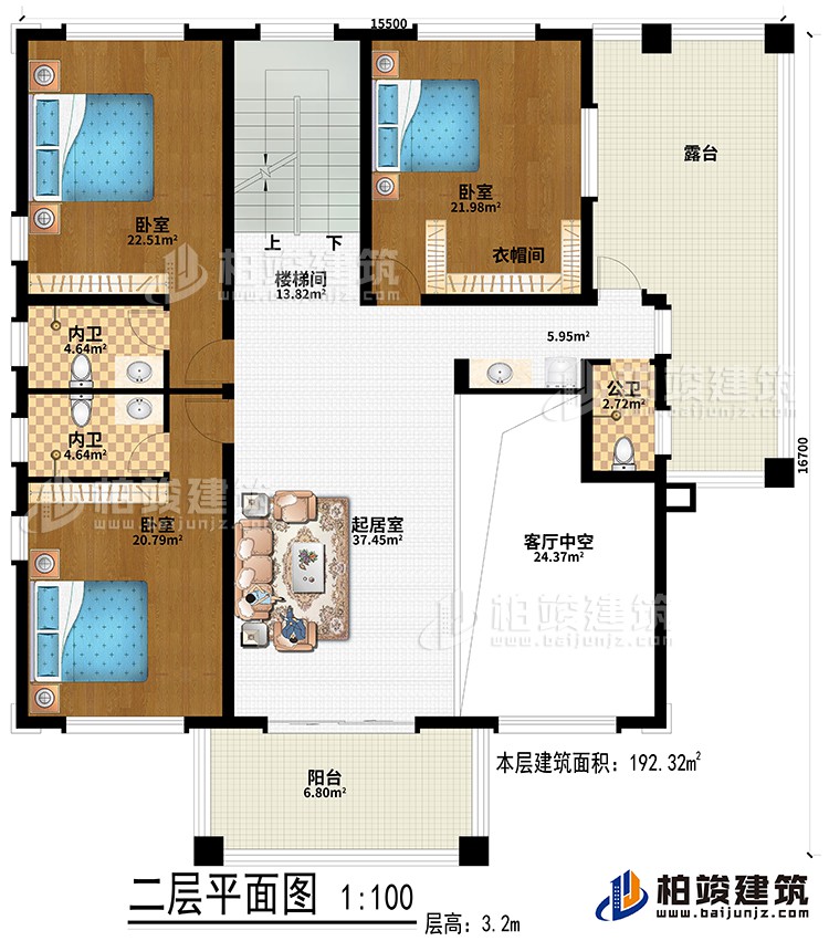 二層：起居室、樓梯間、3臥室、衣帽間、2內(nèi)衛(wèi)、公衛(wèi)、客廳中空、陽臺(tái)、露臺(tái)