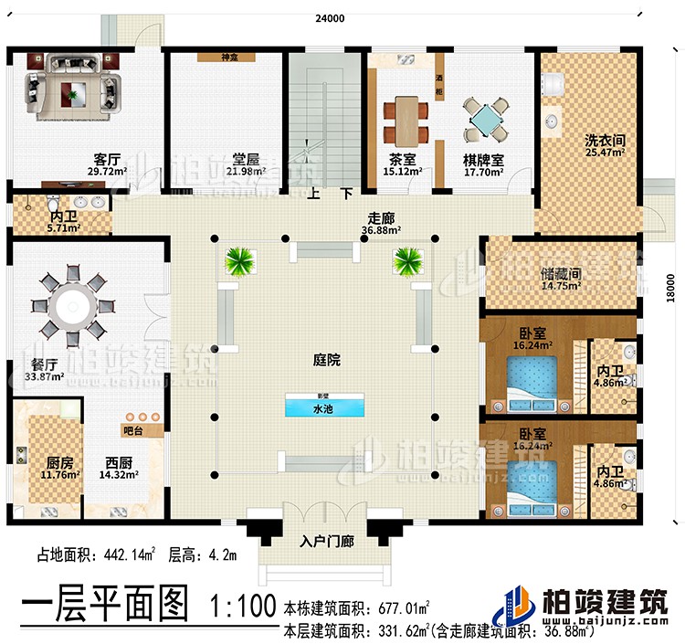 一層：入戶門廊、水池、影壁、庭院、走廊、西廚、廚房、餐廳、吧臺、客廳、堂屋、神龕、茶室、棋牌室、洗衣間、儲藏間、2臥室、3內(nèi)衛(wèi)