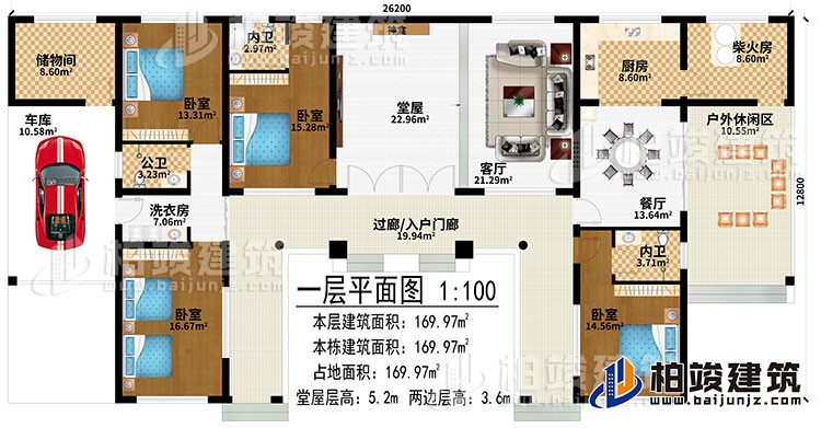 一層：過廊/入戶門廊、堂屋、神龕、客廳、餐廳、廚房、柴火房、戶外休閑區(qū)、儲物間、車庫、洗衣房、4臥室、2內(nèi)衛(wèi)、公衛(wèi)