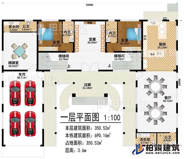 一層：過廊、堂屋、神龕、2樓梯間、廚房、餐廳、棋牌室、車庫、茶水間、2公衛(wèi)、洗衣房、2臥室、2內(nèi)衛(wèi)