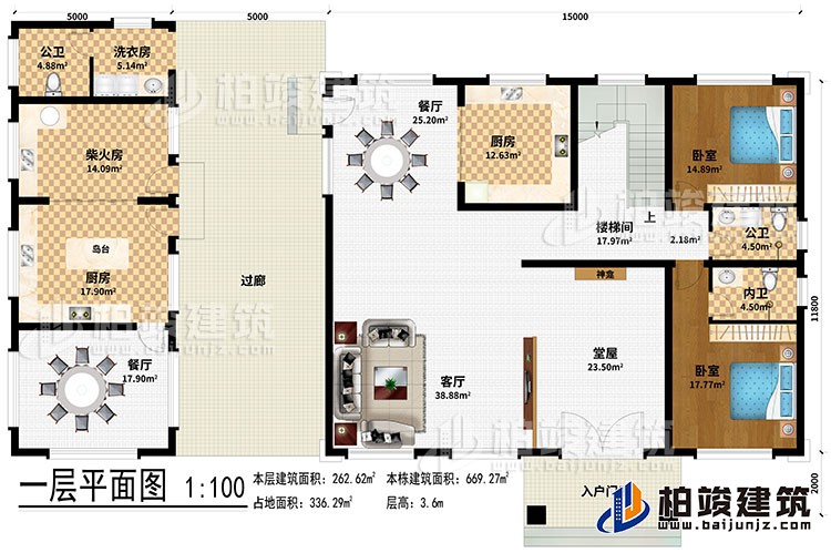 一層：入戶門廊、堂屋、客廳、神龕、2餐廳、2廚房、柴火房、樓梯間、洗衣房、2臥室、2公衛(wèi)、內(nèi)衛(wèi)、島臺(tái)、過廊