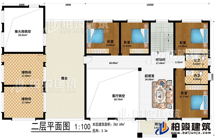 二層：起居室、樓梯間、2儲(chǔ)物間、客廳挑空、柴火房挑空、4臥室、公衛(wèi)、內(nèi)衛(wèi)、露臺(tái)、陽臺(tái)