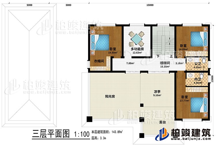 三層：樓梯間、3臥室、多功能房、衣帽間、公衛(wèi)、內(nèi)衛(wèi)、涼亭、陽光房、露臺(tái)