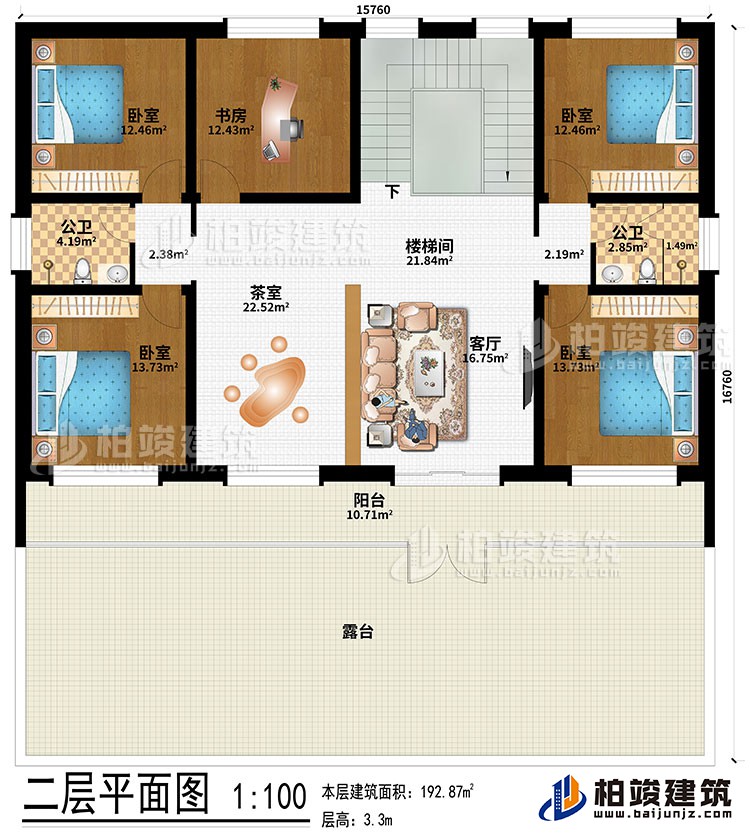 二層：樓梯間、客廳、茶室、4臥室、書房、2公衛(wèi)、陽臺(tái)、露臺(tái)