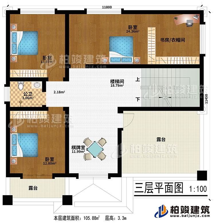 三層：棋牌室、樓梯間、3臥室、書房/衣帽間、公衛(wèi)、2露臺