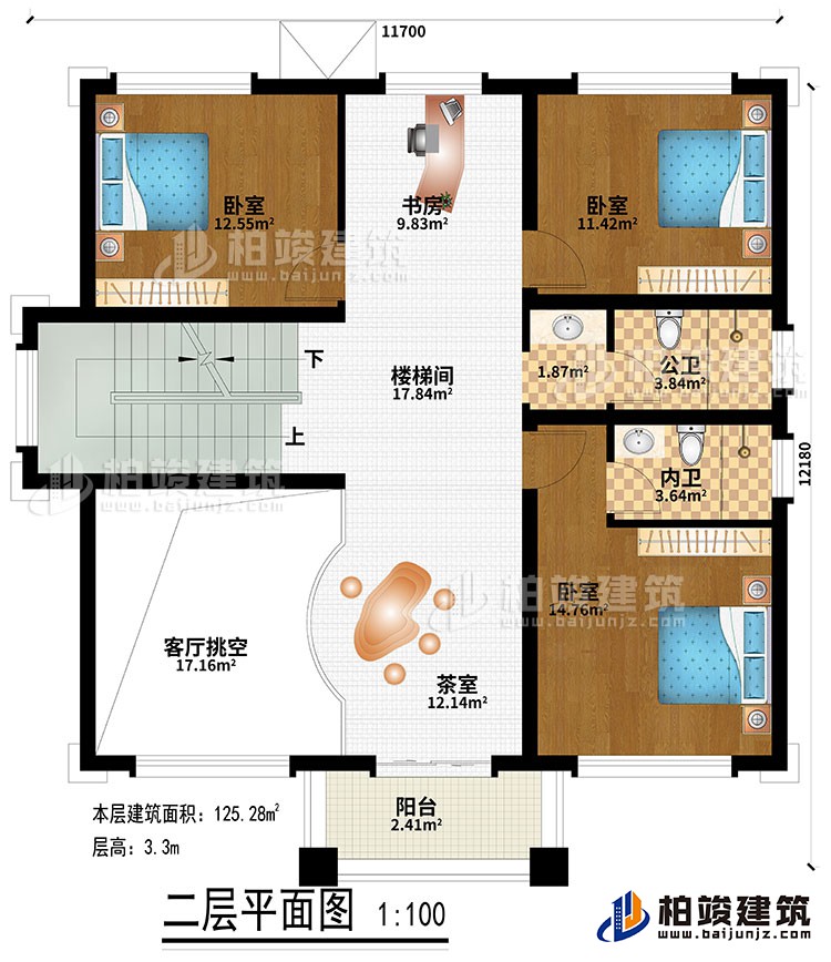 二層：樓梯間、書房、茶室、客廳挑空、3臥室、公衛(wèi)、內(nèi)衛(wèi)、陽臺