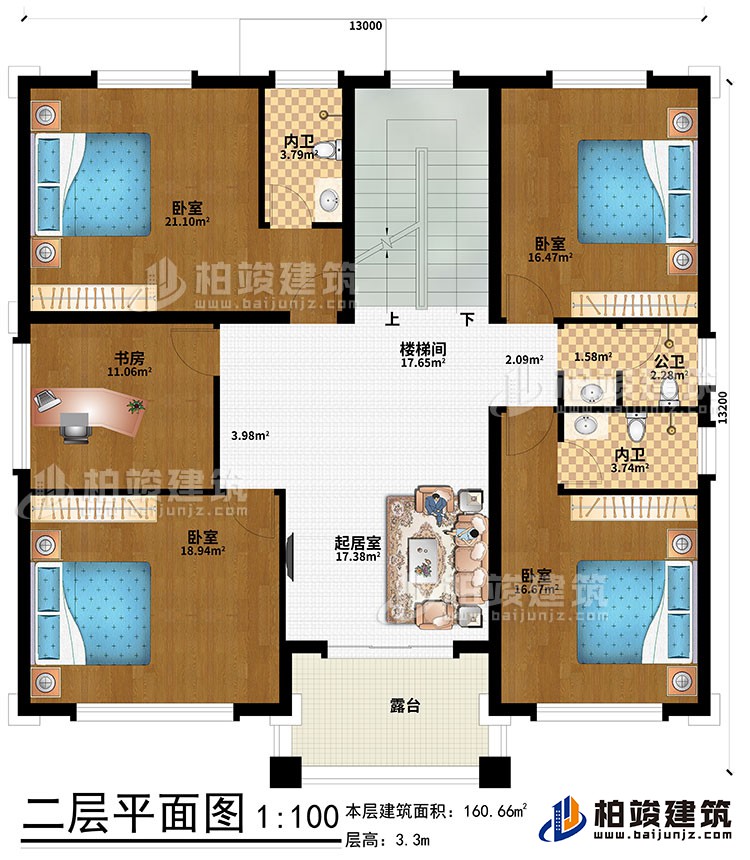 二層：起居室、樓梯間、4臥室、書房、公衛(wèi)、內(nèi)衛(wèi)、露臺(tái)