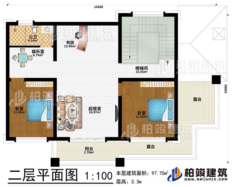 二層：起居室、書(shū)房、娛樂(lè)室、2臥室、樓梯間、公衛(wèi)、陽(yáng)臺(tái)、2露臺(tái)