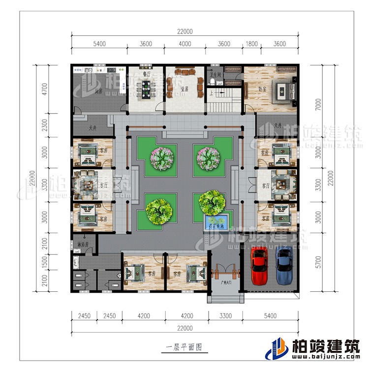 一層：廣亮大門、車庫、書房、公衛(wèi)、7臥室、2客廳、餐廳、廚房、堂屋、2天井、內(nèi)衛(wèi)、荷花魚池