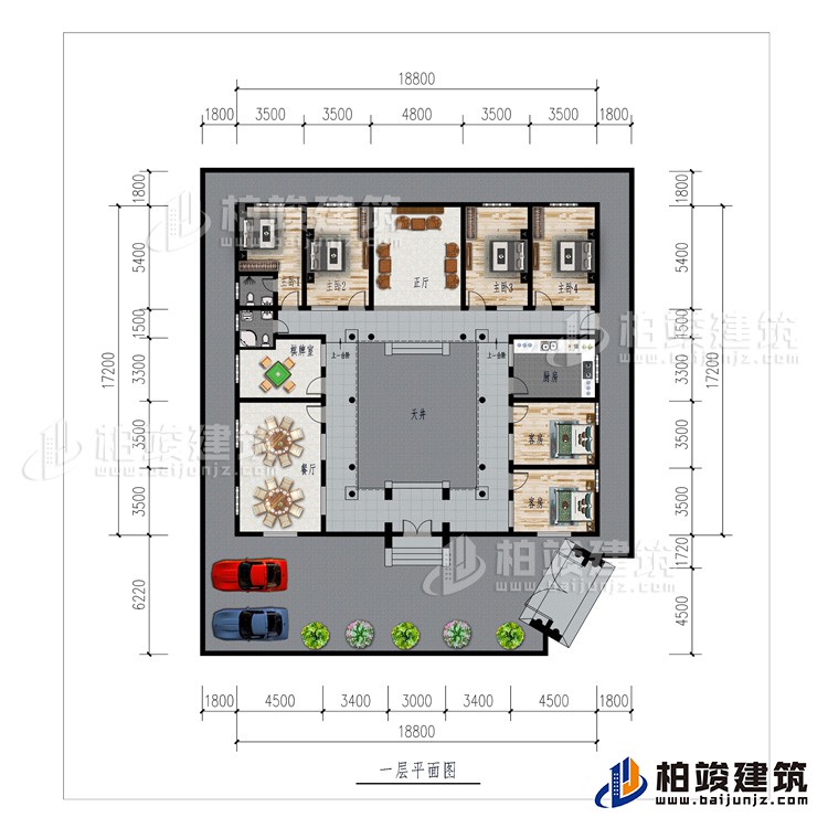 一層：車庫、餐廳、棋牌室、廚房、正廳、6臥室、公衛(wèi)、內(nèi)衛(wèi)