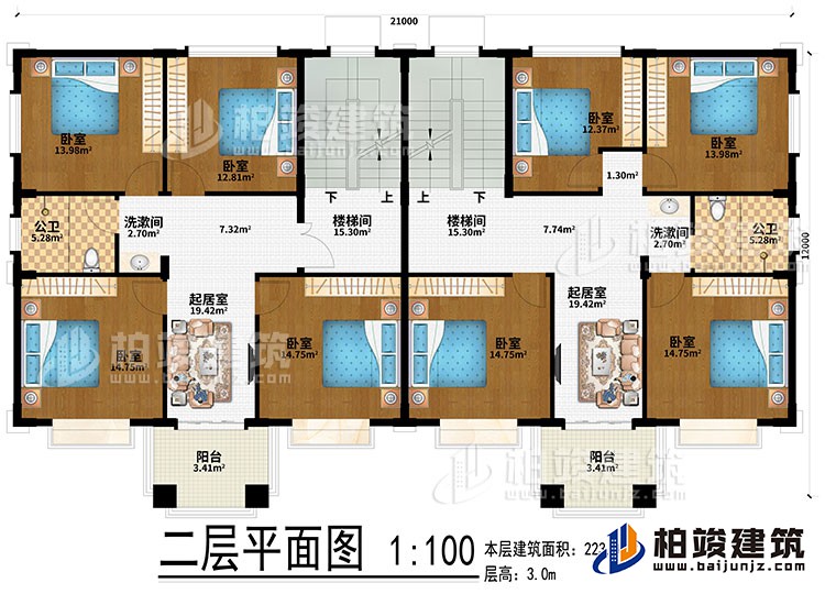 二層：2樓梯間、2起居室、2洗漱間、8臥室、2公衛(wèi)、2陽臺