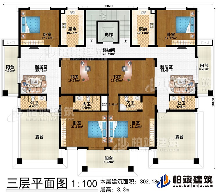 三層：2起居室、2公衛(wèi)、2內衛(wèi)、樓梯間、電梯、2廚房、2書房、4臥室、3陽臺、2露臺、通氣孔