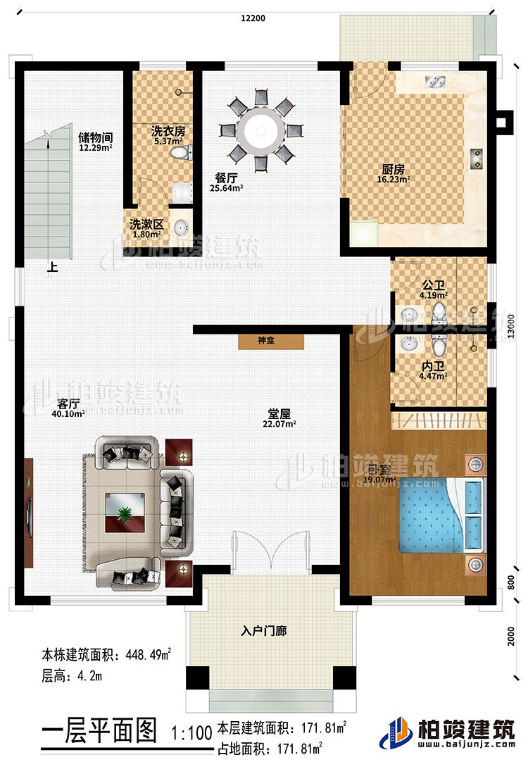 一層：入戶門廊、堂屋、神龕、客廳、餐廳、廚房、臥室、公衛(wèi)、內(nèi)衛(wèi)、洗漱區(qū)、洗衣房、儲(chǔ)物間