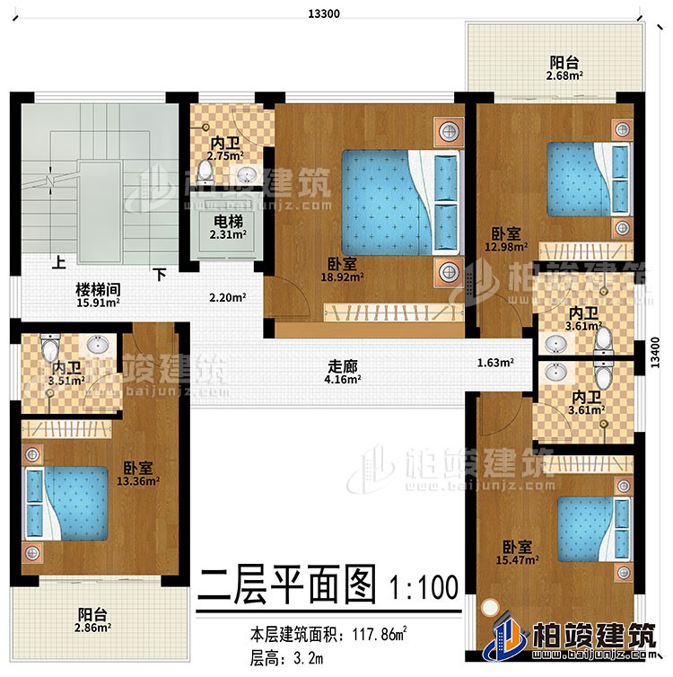 二層：走廊、4臥室、4內(nèi)衛(wèi)、2陽臺、樓梯間、電梯