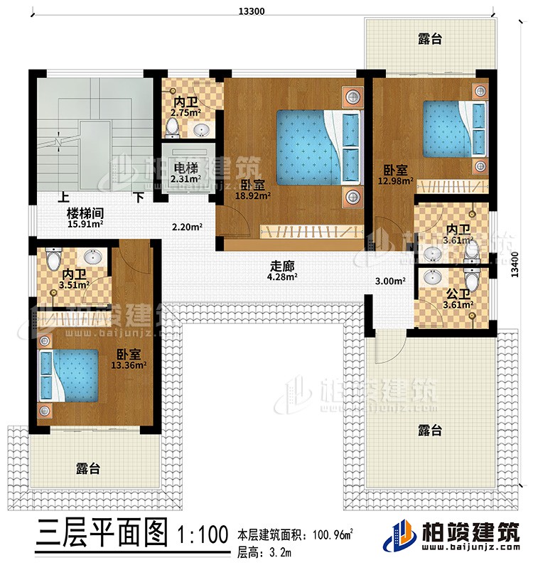 三層：走廊、3臥室、3內(nèi)衛(wèi)、3露臺、樓梯間、電梯、公衛(wèi)