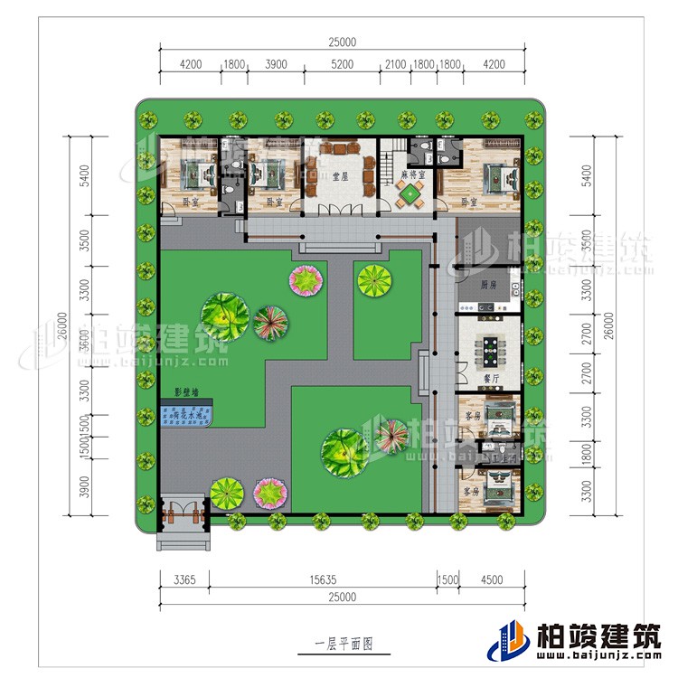 一層：影壁墻、花園、堂屋、廚房、餐廳、5臥室、2公衛(wèi)、2內(nèi)衛(wèi)、麻將室