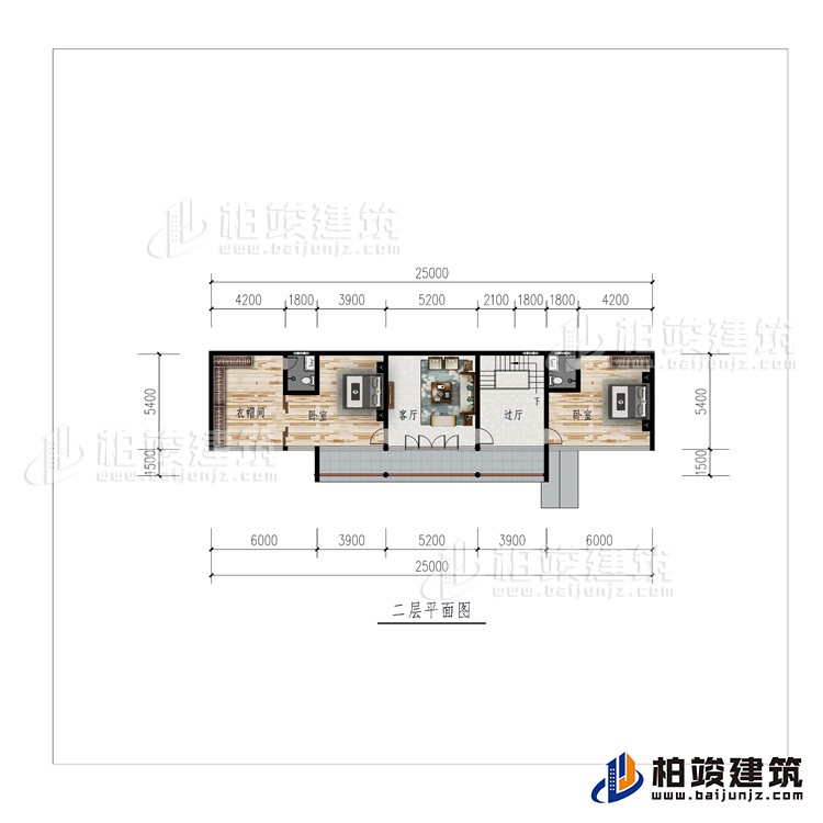 二層：過廳、客廳、衣帽間、2臥室