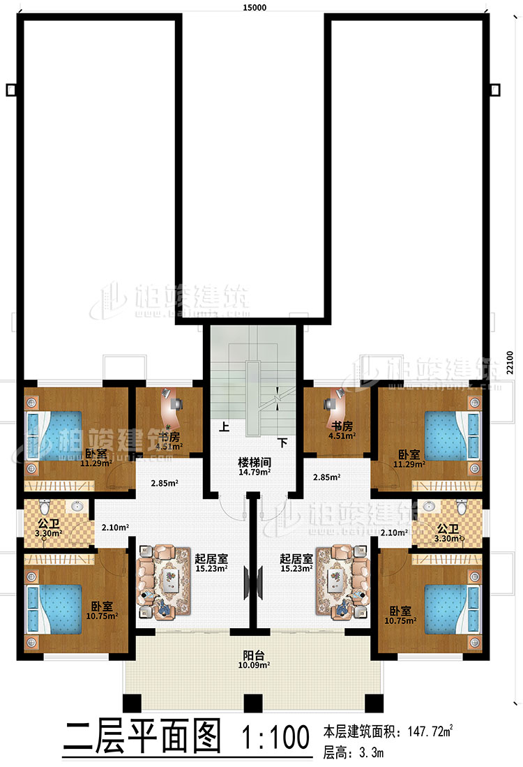 二層：2起居室、2書房、4臥室、2公衛(wèi)、樓梯間、陽臺