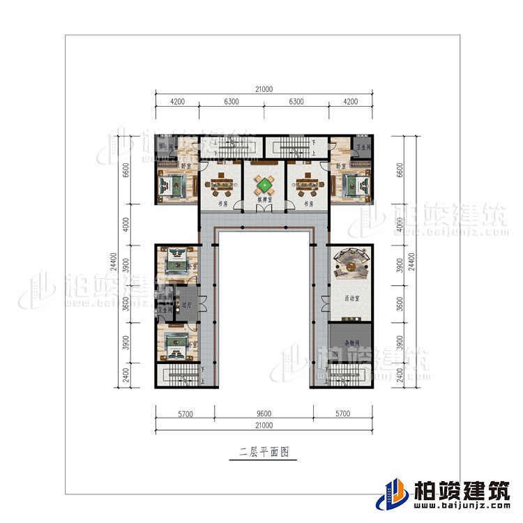 二層：棋牌室、2書(shū)房、活動(dòng)室、雜物間、4臥室、4內(nèi)衛(wèi)、過(guò)廊